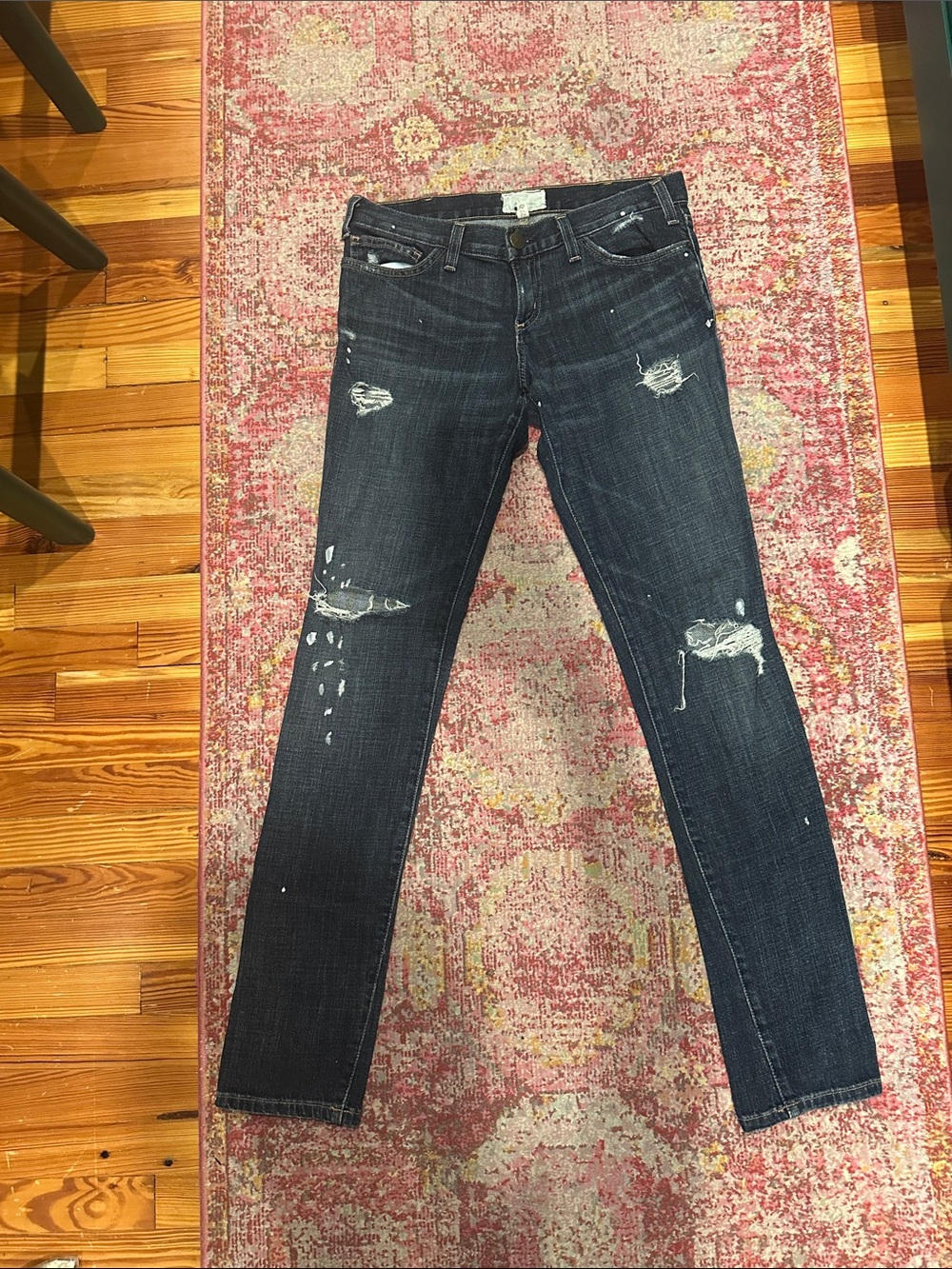 Current/Elliott Dark Wash Distressed Skinny Jeans
